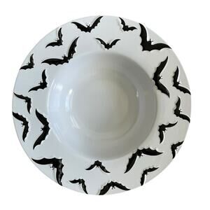 Halloween Embossed Bat Serving Bowl 13in Ceramic Black & White Spooky Boo NEW